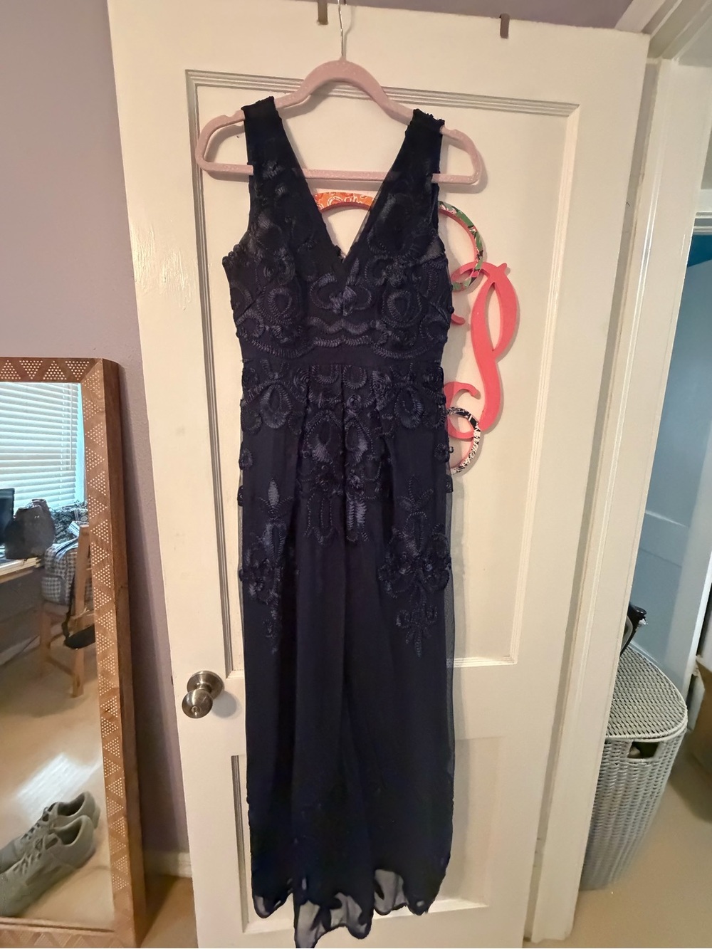 Badgley Mischka Navy Floral Lace V-Neck Maxi Dress